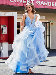 Robe de Soirée en Tulle à Col en V Longueur au Sol Bleu Ciel Grande Taille
