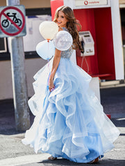 Robe de Soirée en Tulle à Col en V Longueur au Sol Bleu Ciel Grande Taille
