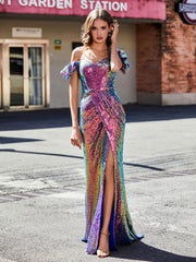 Robe de Soirée Fourreau en Paillettes Hors de l'Épaule Raisin