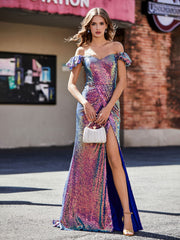 Robe de Soirée Fourreau en Paillettes Hors de l'Épaule Raisin