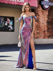 Robe de Soirée Fourreau en Paillettes Hors de l'Épaule Raisin