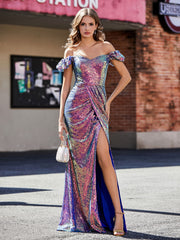 Robe de Soirée Fourreau en Paillettes Hors de l'Épaule Raisin