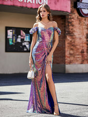 Robe de Soirée Fourreau en Paillettes Hors de l'Épaule Raisin