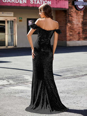 Robe de Soirée Fourreau en Paillettes Hors de l'Épaule Noir Grande Taille