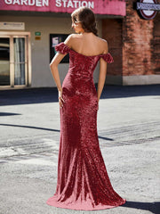 Robe de Soirée Fourreau en Paillettes Hors de l'Épaule Bordeaux
