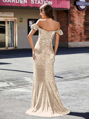 Robe de Soirée Fourreau en Paillettes Hors de l'Épaule Champagne Grande Taille