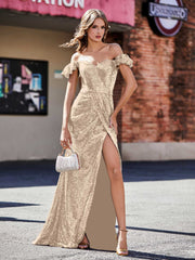 Robe de Soirée Fourreau en Paillettes Hors de l'Épaule Champagne Grande Taille