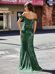 Robe de Soirée Fourreau en Paillettes Hors de l'Épaule Vert Foncé Grande Taille
