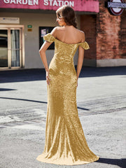 Robe de Soirée Fourreau en Paillettes Hors de l'Épaule Or Grande Taille
