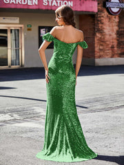 Robe de Soirée Fourreau en Paillettes Hors de l'Épaule Vert Grande Taille