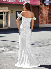 Robe de Soirée Fourreau en Paillettes Hors de l'Épaule Ivoire