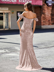 Robe de Soirée Fourreau en Paillettes Hors de l'Épaule Or Métallique Grande Taille