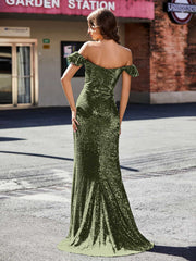 Robe de Soirée Fourreau en Paillettes Hors de l'Épaule Olive Verte
