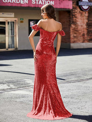 Robe de Soirée Fourreau en Paillettes Hors de l'Épaule Rouge