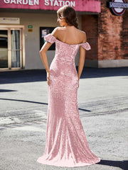 Robe de Soirée Fourreau en Paillettes Hors de l'Épaule Or Rose