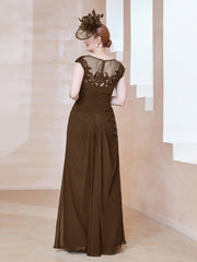 Robe en Mousseline Dentelle à Col Illusion Scoop Brun