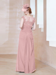 Robe en Mousseline Dentelle à Col Illusion Scoop Rose Poudré