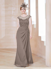 Robe en Mousseline Dentelle à Col Illusion Scoop Taupe Grande Taille