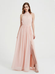 Col Haut Mousseline Robes Avec Fente Et Ceinture Nœud Rose Perle