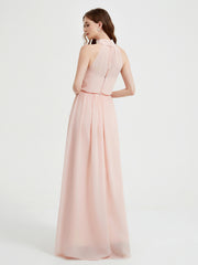 Col Haut Mousseline Robes Avec Fente Et Ceinture Nœud Rose Perle