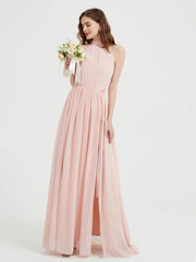 Col Haut Mousseline Robes Avec Fente Et Ceinture Nœud Rose Perle