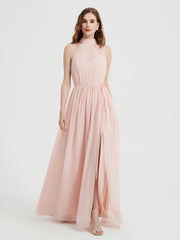 Col Haut Mousseline Robes Avec Fente Et Ceinture Nœud Rose Perle