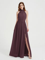 Col Haut Mousseline Robes Avec Fente Et Ceinture Nœud Cabernet