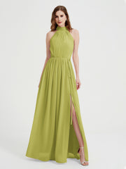 Col Haut Mousseline Robes Avec Fente Et Ceinture Nœud Trèfle