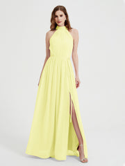 Col Haut Mousseline Robes Avec Fente Et Ceinture Nœud Jonquille