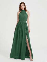 Col Haut Mousseline Robes Avec Fente Et Ceinture Nœud Vert Foncé