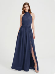 Col Haut Mousseline Robes Avec Fente Et Ceinture Nœud Bleu Marine