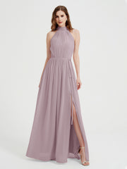 Col Haut Mousseline Robes Avec Fente Et Ceinture Nœud Dusk