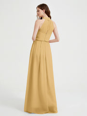 Col Haut Mousseline Robes Avec Fente Et Ceinture Nœud Or