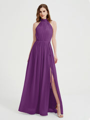 Col Haut Mousseline Robes Avec Fente Et Ceinture Nœud Raisin
