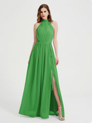 Col Haut Mousseline Robes Avec Fente Et Ceinture Nœud Vert
