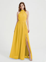 Col Haut Mousseline Robes Avec Fente Et Ceinture Nœud Souci
