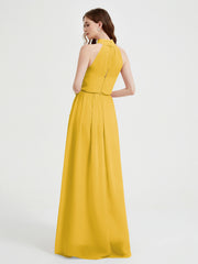 Col Haut Mousseline Robes Avec Fente Et Ceinture Nœud Souci