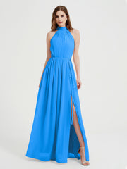 Col Haut Mousseline Robes Avec Fente Et Ceinture Nœud Bleu Océan