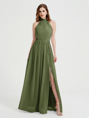 Col Haut Mousseline Robes Avec Fente Et Ceinture Nœud Olive Verte Grande Taille