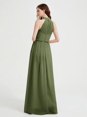 Col Haut Mousseline Robes Avec Fente Et Ceinture Nœud Olive Verte