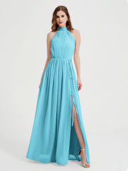 Col Haut Mousseline Robes Avec Fente Et Ceinture Nœud Piscine