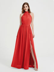 Col Haut Mousseline Robes Avec Fente Et Ceinture Nœud Rouge