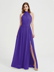 Col Haut Mousseline Robes Avec Fente Et Ceinture Nœud Régence