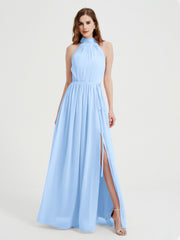 Col Haut Mousseline Robes Avec Fente Et Ceinture Nœud Bleu Ciel