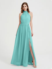 Col Haut Mousseline Robes Avec Fente Et Ceinture Nœud Spa