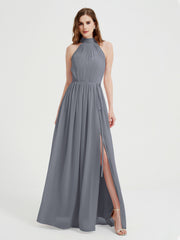 Col Haut Mousseline Robes Avec Fente Et Ceinture Nœud Gris Acier