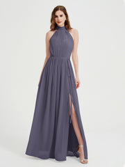 Col Haut Mousseline Robes Avec Fente Et Ceinture Nœud Orageux