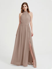 Col Haut Mousseline Robes Avec Fente Et Ceinture Nœud Taupe