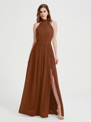 Col Haut Mousseline Robes Avec Fente Et Ceinture Nœud terracotta