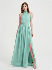 Col Haut Mousseline Robes Avec Fente Et Ceinture Nœud Turquoise